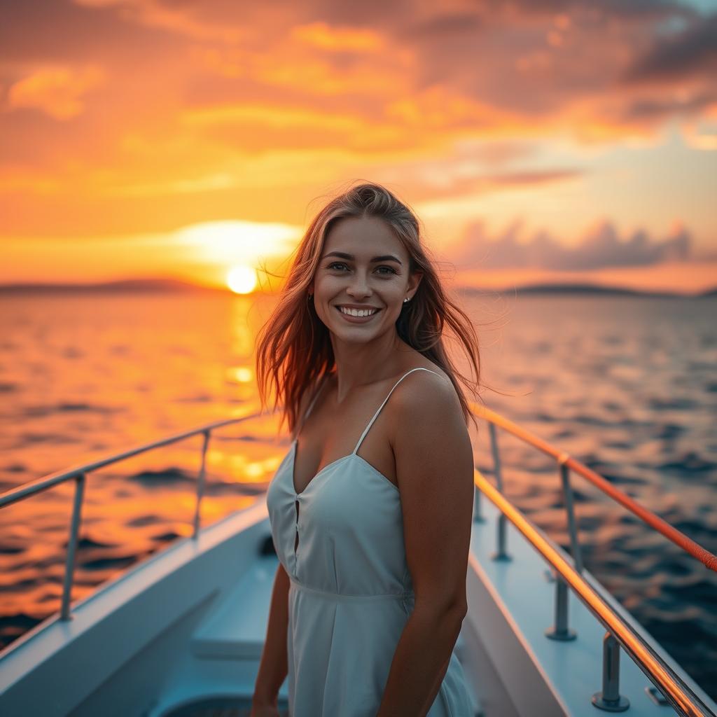 A young European woman standing on a luxurious yacht during a stunning sunset