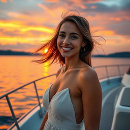 A young European woman standing on a luxurious yacht during a stunning sunset