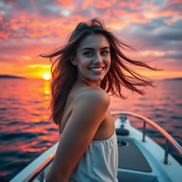 A young European woman standing on a luxurious yacht during a stunning sunset