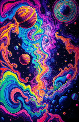 A vibrant cosmic trip featuring psychedelic art with swirling patterns, bright neon colors juxtaposed against deep dark backgrounds, creating a surreal and trippy atmosphere