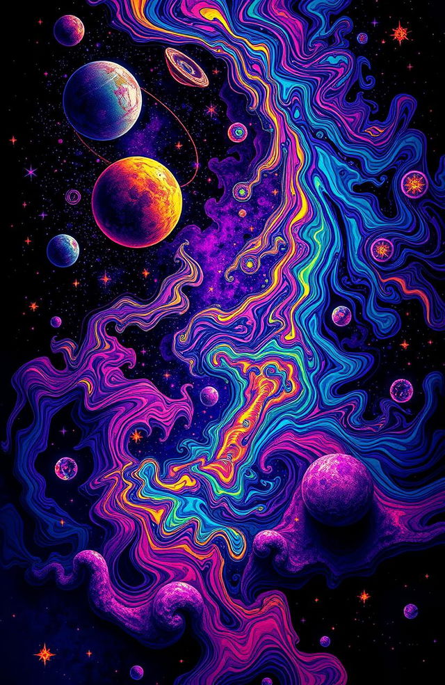 A vibrant cosmic trip featuring psychedelic art with swirling patterns, bright neon colors juxtaposed against deep dark backgrounds, creating a surreal and trippy atmosphere