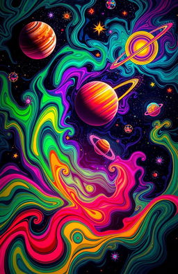 A vibrant cosmic trip featuring psychedelic art with swirling patterns, bright neon colors juxtaposed against deep dark backgrounds, creating a surreal and trippy atmosphere