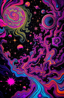 A vibrant cosmic trip featuring psychedelic art with swirling patterns, bright neon colors juxtaposed against deep dark backgrounds, creating a surreal and trippy atmosphere