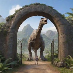 Add an adventurous human figure emerging onto the scene - a symbol of surprise and curiosity, entering the Jurassic landscape where the Brachiosaurus and Triceratops roam freely under the gates of Isla Nublar.