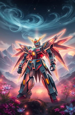 A powerful, majestic Gundam Spirit standing in a mystical landscape inspired by Douluo Dalu, surrounded by ethereal energy and vibrant, magical flora