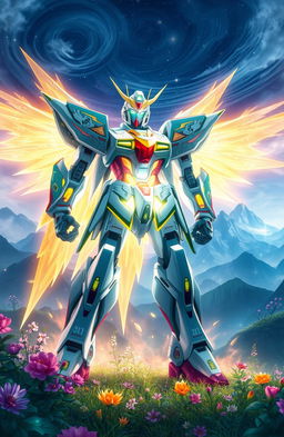 A powerful, majestic Gundam Spirit standing in a mystical landscape inspired by Douluo Dalu, surrounded by ethereal energy and vibrant, magical flora