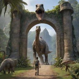 Add an adventurous human figure emerging onto the scene - a symbol of surprise and curiosity, entering the Jurassic landscape where the Brachiosaurus and Triceratops roam freely under the gates of Isla Nublar.