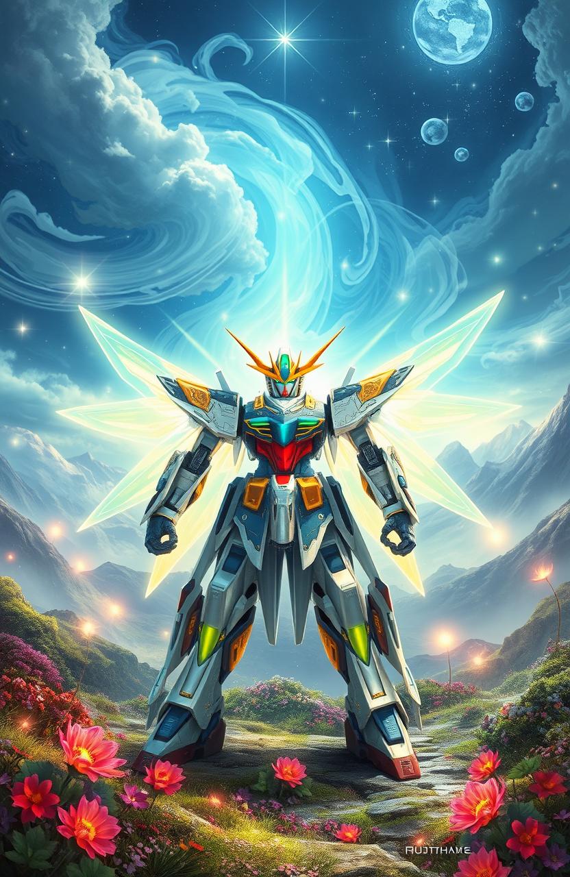 A powerful, majestic Gundam Spirit standing in a mystical landscape inspired by Douluo Dalu, surrounded by ethereal energy and vibrant, magical flora