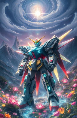 A powerful, majestic Gundam Spirit standing in a mystical landscape inspired by Douluo Dalu, surrounded by ethereal energy and vibrant, magical flora