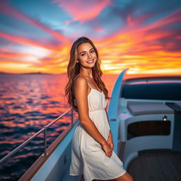 A stunning young European female model posing elegantly on a luxurious yacht during a picturesque sunset