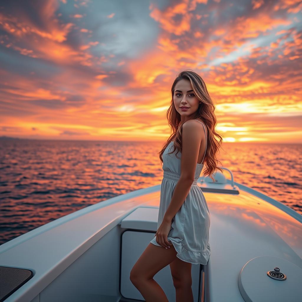 A stunning young European female model posing elegantly on a luxurious yacht during a picturesque sunset