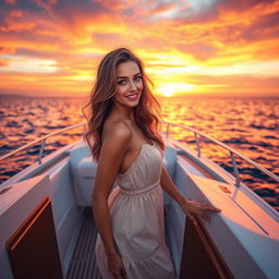 A stunning young European female model posing elegantly on a luxurious yacht during a picturesque sunset