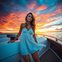 A stunning young European female model posing elegantly on a luxurious yacht during a picturesque sunset