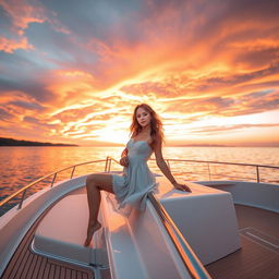 A stunning young European female model posing elegantly on a luxurious yacht during a picturesque sunset