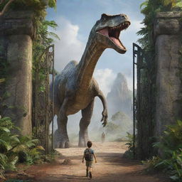 Add an adventurous human figure emerging onto the scene - a symbol of surprise and curiosity, entering the Jurassic landscape where the Brachiosaurus and Triceratops roam freely under the gates of Isla Nublar.