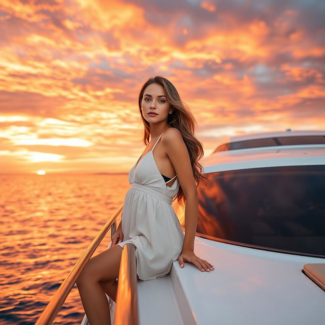 A stunning young European female model posing elegantly on a luxurious yacht during a picturesque sunset