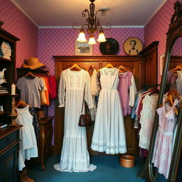 A cozy vintage thrift store interior featuring a lace Victorian dress displayed prominently