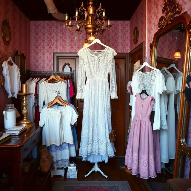 A cozy vintage thrift store interior featuring a lace Victorian dress displayed prominently