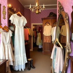 A cozy vintage thrift store interior featuring a lace Victorian dress displayed prominently