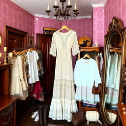 A cozy vintage thrift store interior featuring a lace Victorian dress displayed prominently