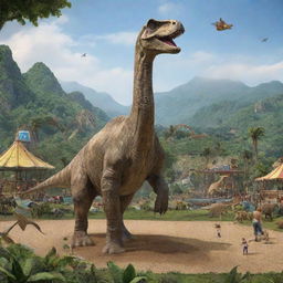 Modify the image to picture the human figure constructing a fun-filled amusement park amidst the wild Jurassic landscape, where the Brachiosaurus and Triceratops are peacefully existing.