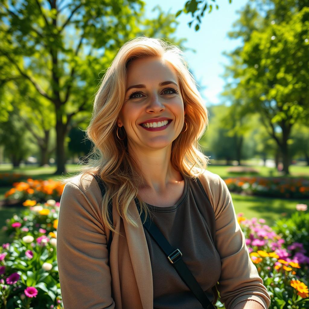 A beautiful 45-year-old blonde woman with a non-model appearance, relaxing in a serene park