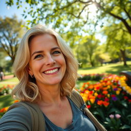 A beautiful 45-year-old blonde woman with a non-model appearance, relaxing in a serene park