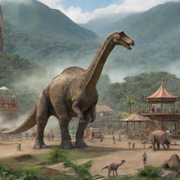 Modify the image to picture the human figure constructing a fun-filled amusement park amidst the wild Jurassic landscape, where the Brachiosaurus and Triceratops are peacefully existing.