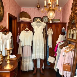 A charming vintage thrift store interior showcasing a lace Victorian dress as the centerpiece