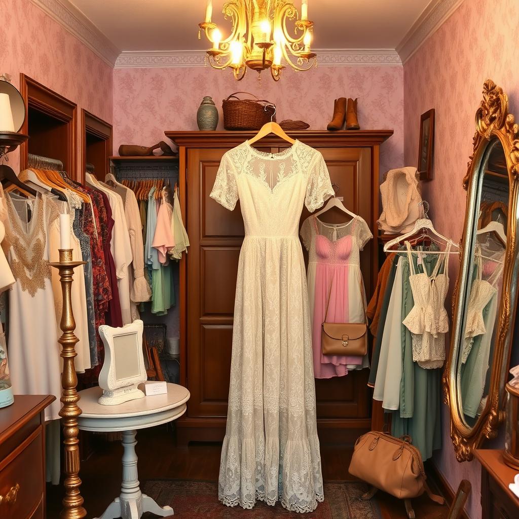 A charming vintage thrift store interior showcasing a lace Victorian dress as the centerpiece