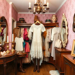 A charming vintage thrift store interior showcasing a lace Victorian dress as the centerpiece