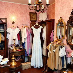 A charming vintage thrift store interior showcasing a lace Victorian dress as the centerpiece