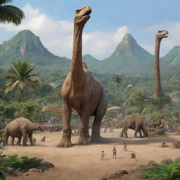 Modify the image to picture the human figure constructing a fun-filled amusement park amidst the wild Jurassic landscape, where the Brachiosaurus and Triceratops are peacefully existing.