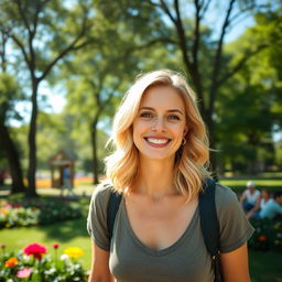 A beautiful 35-year-old blonde woman with a non-model appearance, enjoying a relaxing day in a lively park