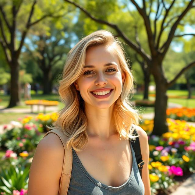 A beautiful 35-year-old blonde woman with a non-model appearance, enjoying a relaxing day in a lively park