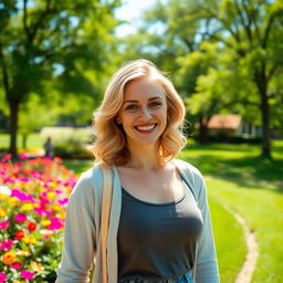 A beautiful 35-year-old blonde woman with a non-model appearance, enjoying a relaxing day in a lively park