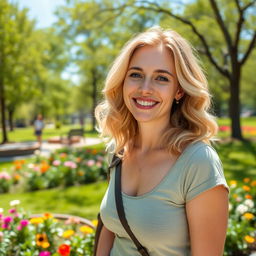 A beautiful 35-year-old blonde woman with a non-model appearance, enjoying a relaxing day in a lively park