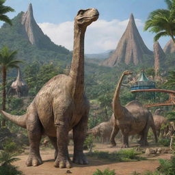 Modify the image to picture the human figure constructing a fun-filled amusement park amidst the wild Jurassic landscape, where the Brachiosaurus and Triceratops are peacefully existing.