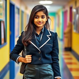 A cute Indian teenage girl in a school uniform, showcasing her stylish personality with a fitted leather skirt paired with a classic school blazer