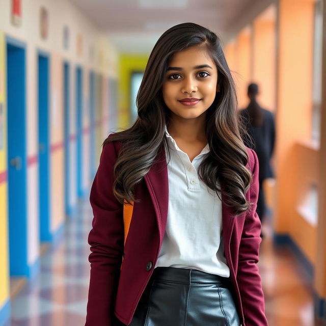 A cute Indian teenage girl in a school uniform, showcasing her stylish personality with a fitted leather skirt paired with a classic school blazer