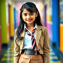 A cute Indian teenage girl in a school uniform, showcasing her stylish personality with a fitted leather skirt paired with a classic school blazer