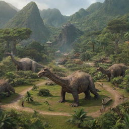 Finalise the image with the transformation of Isla Nublar into the iconic Jurassic Park, complete with its thrilling rides, captivating exhibits and the prehistoric residents, the Brachiosaurus and Triceratops, amidst the lush scenery.