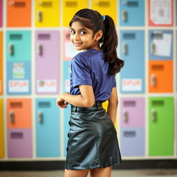 A cute Indian teenage girl wearing a stylish school uniform, featuring a fitted leather skirt paired with a satin t-shirt