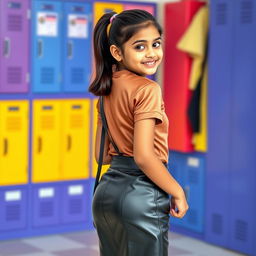 A cute Indian teenage girl wearing a stylish school uniform, featuring a fitted leather skirt paired with a satin t-shirt