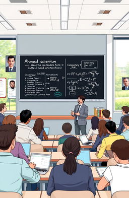 An illustration of a modern university classroom setting focusing on a computer science lecture led by a professor named Ahmed Rahim