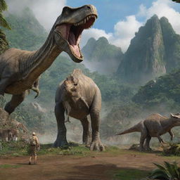 Finalise the image with the transformation of Isla Nublar into the iconic Jurassic Park, complete with its thrilling rides, captivating exhibits and the prehistoric residents, the Brachiosaurus and Triceratops, amidst the lush scenery.