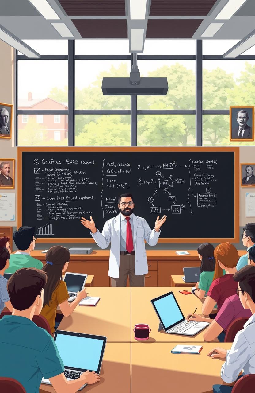 An illustration of a modern university classroom setting focusing on a computer science lecture led by a professor named Ahmed Rahim