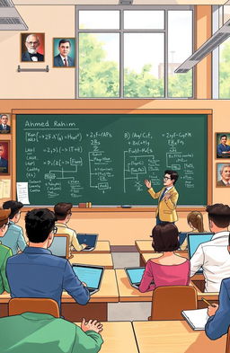 An illustration of a modern university classroom setting focusing on a computer science lecture led by a professor named Ahmed Rahim