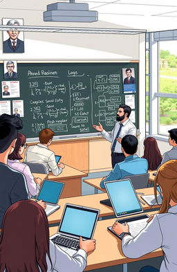 An illustration of a modern university classroom setting focusing on a computer science lecture led by a professor named Ahmed Rahim