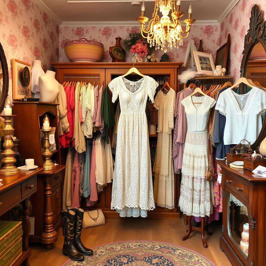 A cozy vintage thrift store showcasing an array of unique clothing and decor